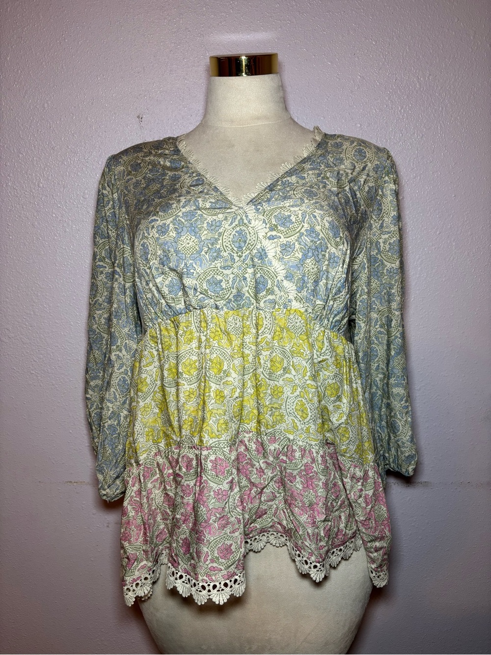 Cato Multi-Color Tiered Floral V-Neck Peasant Tunic